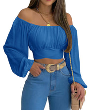 MIRACMODA Woman Off Shoulder Ruched Tie Back Crop Top Summer Lantern Sleeve Boho Shirt Blouse