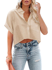 Tankaneo Womens Button Down Cropped Shirts Long Sleeve Casual Crop Tops Solid Lapel Blouse Shirt with Chest Pocket