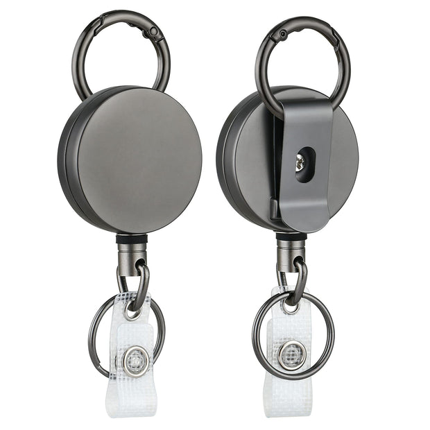 Will Well ID Badge Holder Reel with Clip and Keyring - Heavy-Duty All-Metal Casing with 27.5" UHMWPE Fiber Pull Cord for Durability and Easy Access, Holds up to 8 Keys - 2-Pack, Round, Glossy Black