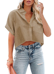 Tankaneo Womens Button Down Cropped Shirts Long Sleeve Casual Crop Tops Solid Lapel Blouse Shirt with Chest Pocket