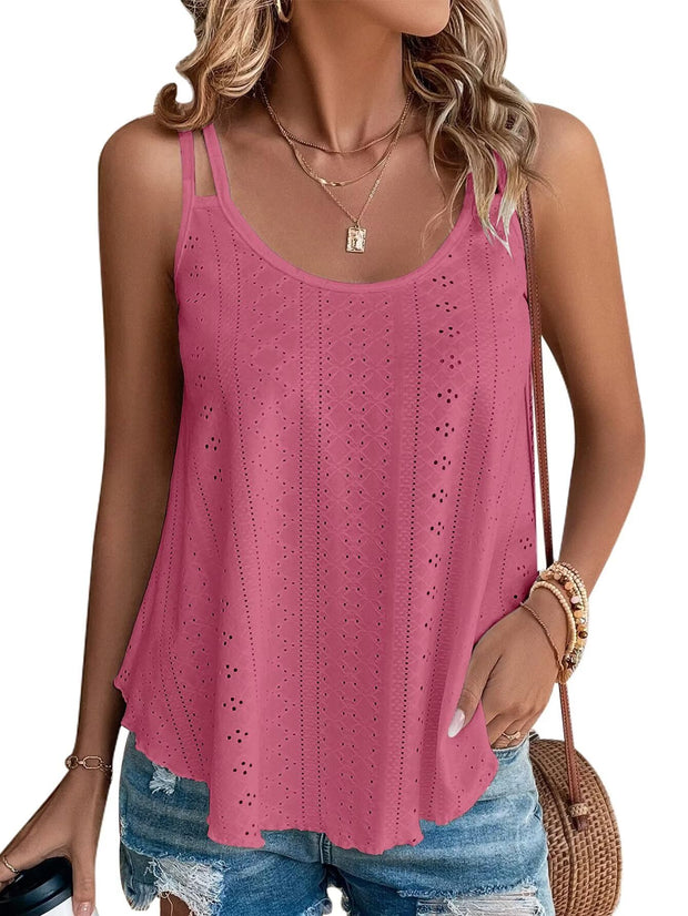 KKJ Womens Cute Tank Tops Eyelet Sleeveless Spaghetti Strap Scoop Neck Loose Casual 2025 Summer Beach Vacation Flowy Shirts