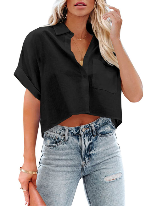 Tankaneo Womens Button Down Cropped Shirts Long Sleeve Casual Crop Tops Solid Lapel Blouse Shirt with Chest Pocket