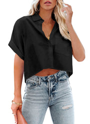 Tankaneo Womens Button Down Cropped Shirts Long Sleeve Casual Crop Tops Solid Lapel Blouse Shirt with Chest Pocket