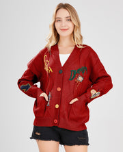 Women's Cable Knit Long Sleeve Open Front Cardigan Sheep V-Neck Button Down Embroidery Wool Blend Sweater Coat Outwear