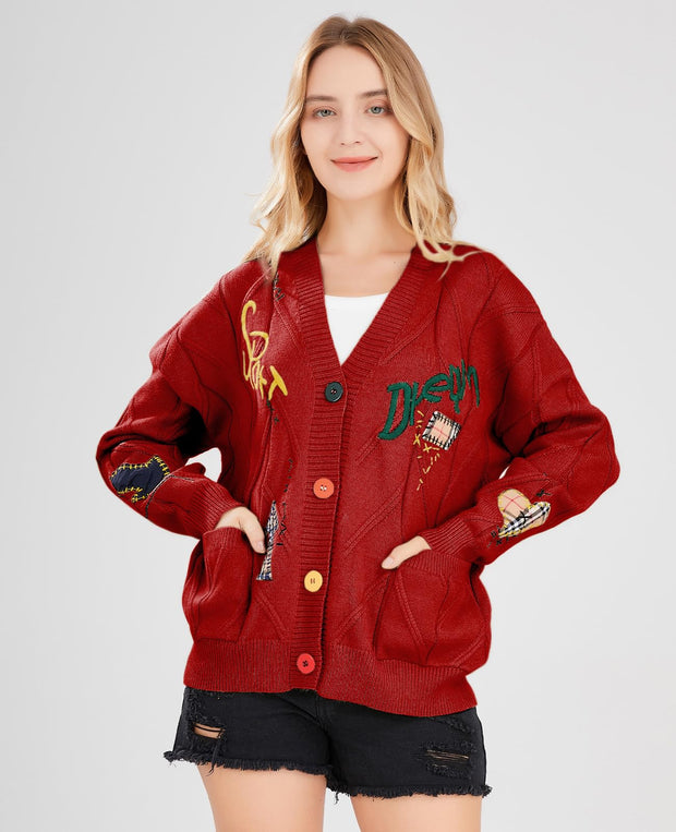 Women's Cable Knit Long Sleeve Open Front Cardigan Sheep V-Neck Button Down Embroidery Wool Blend Sweater Coat Outwear