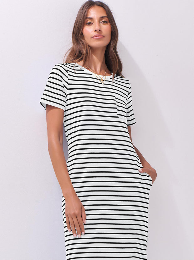 ANRABESS Womens Summer Casual Midi Dress Short Sleeve Crewneck T Shirt Long Dresses Split Stripe Beach Vacation Travel Outfit Small