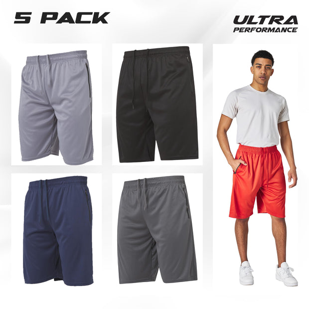 Ultra Performance Mens 5 Pack Athletic Running Shorts, Basketball Gym Workout Shorts for Men with Zippered Pockets