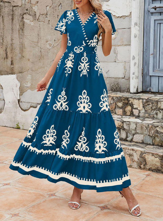 PRETTYGARDEN Womens 2025 Summer Casual V Neck Boho Maxi Dress Flowy Aline Bell Sleeve Tiered Floral Dresses with Pocket (Floral Apricot Black,X-Large)
