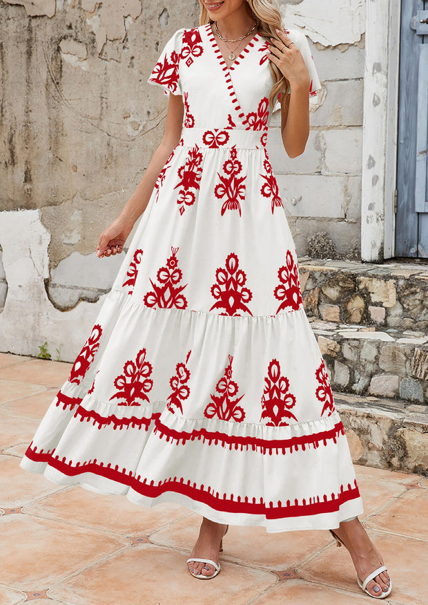 PRETTYGARDEN Womens 2025 Summer Casual V Neck Boho Maxi Dress Flowy Aline Bell Sleeve Tiered Floral Dresses with Pocket (Floral Apricot Black,X-Large)