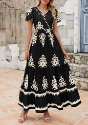 PRETTYGARDEN Womens 2025 Summer Casual V Neck Boho Maxi Dress Flowy Aline Bell Sleeve Tiered Floral Dresses with Pocket (Floral Apricot Black,X-Large)