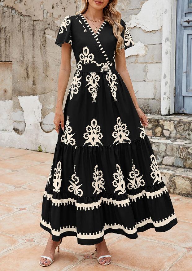 PRETTYGARDEN Womens 2025 Summer Casual V Neck Boho Maxi Dress Flowy Aline Bell Sleeve Tiered Floral Dresses with Pocket (Floral Apricot Black,X-Large)