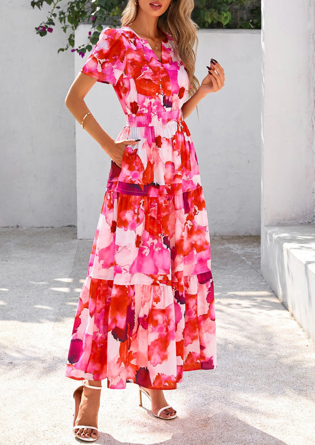 PRETTYGARDEN Women's 2025 Summer Boho Maxi Dresses Floral Short Sleeve V Neck A Line Tiered Flowy Long Beach Vacation Dress (White Pink Floral,Large)