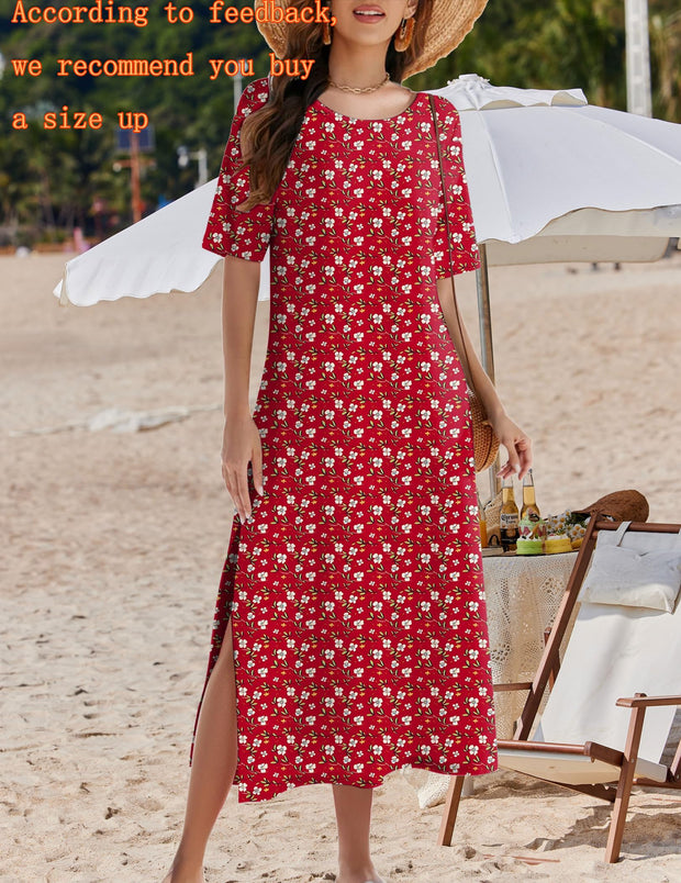 Zeagoo Women Long Sun Dress Summer T Shirt Dresses Beach Dress Casual Short Sleeve Tropical O Neck A Line Maxi Dresses Loose Side Slit Cover Up with Pockets 2025 Black XXL