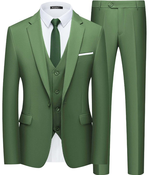 WULFUL Men’s Slim Fit Suit One Button 3-Piece Blazer Dress Business Wedding Party Jacket Vest & Pant
