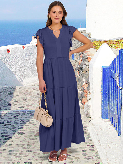 ANRABESS Womens Summer Casual Maxi Dress V Neck Ruffle Sleeve Long Dresses Fashion Flowy Tiered Boho Beach Vacation Sundress Black Large