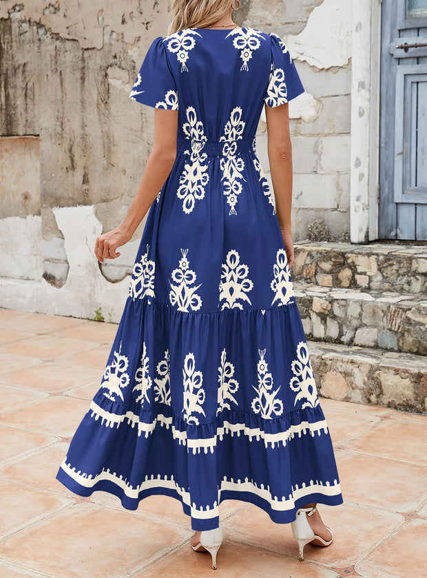 PRETTYGARDEN Womens 2025 Summer Casual V Neck Boho Maxi Dress Flowy Aline Bell Sleeve Tiered Floral Dresses with Pocket (Floral Apricot Black,X-Large)