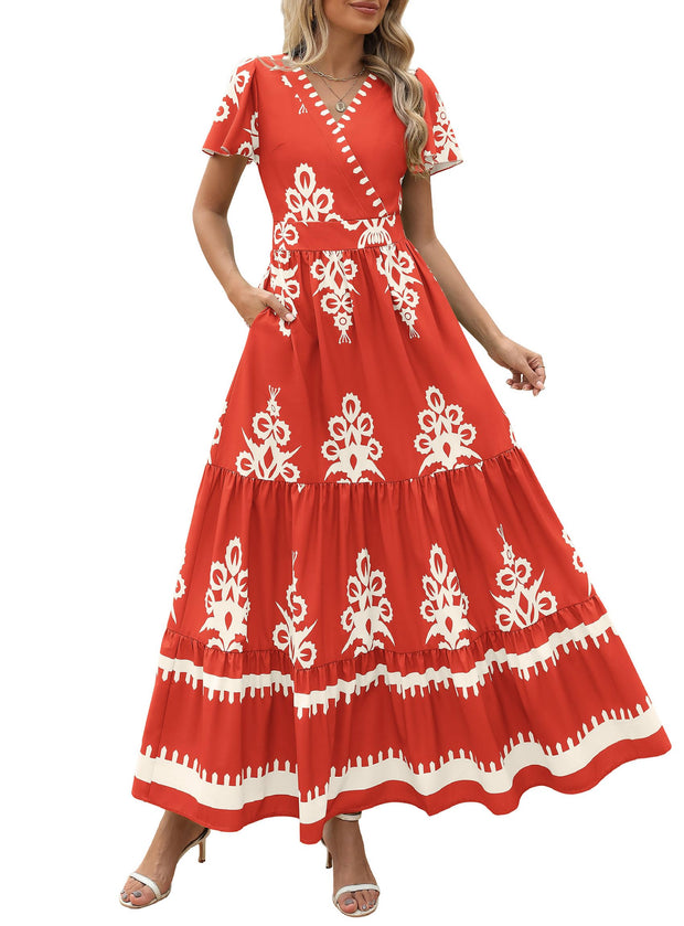 PRETTYGARDEN Womens 2025 Summer Casual V Neck Boho Maxi Dress Flowy Aline Bell Sleeve Tiered Floral Dresses with Pocket (Floral Apricot Black,X-Large)