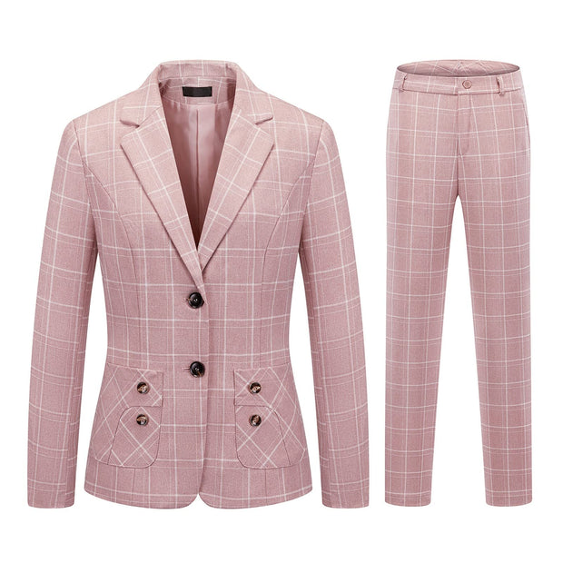 Womens 2 Piece Plaid Suits Set Business Office One Button Blazer Jacket Casual Long Sleeve Pant Suit Set
