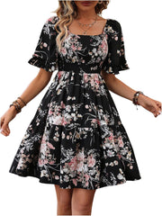 Verdusa Women's Floral Ruffle Hem Summer Dresses Flowy Short Sleeve High Waist Midi Dress
