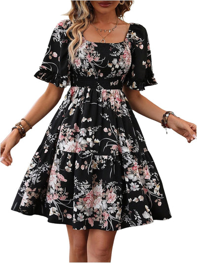Verdusa Women's Floral Ruffle Hem Summer Dresses Flowy Short Sleeve High Waist Midi Dress