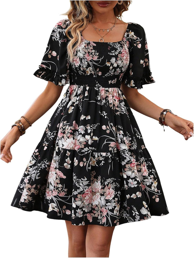 Verdusa Women's Floral Ruffle Hem Summer Dresses Flowy Short Sleeve High Waist Midi Dress