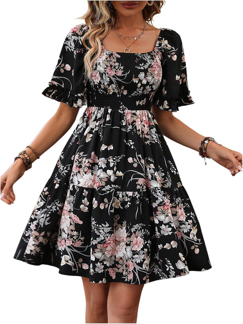 Verdusa Women's Floral Ruffle Hem Summer Dresses Flowy Short Sleeve High Waist Midi Dress