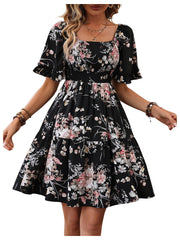 Verdusa Women's Floral Ruffle Hem Summer Dresses Flowy Short Sleeve High Waist Midi Dress Multicolor Medium