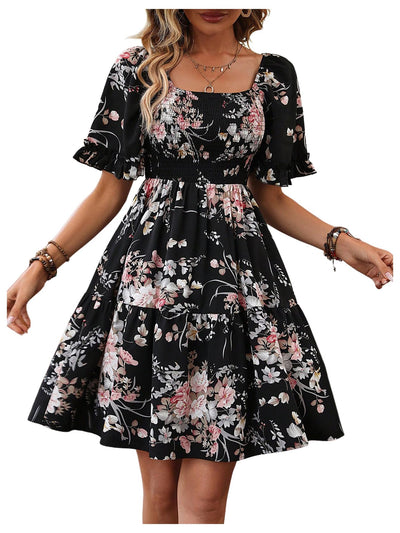 Verdusa Women's Floral Ruffle Hem Summer Dresses Flowy Short Sleeve High Waist Midi Dress Multicolor Medium