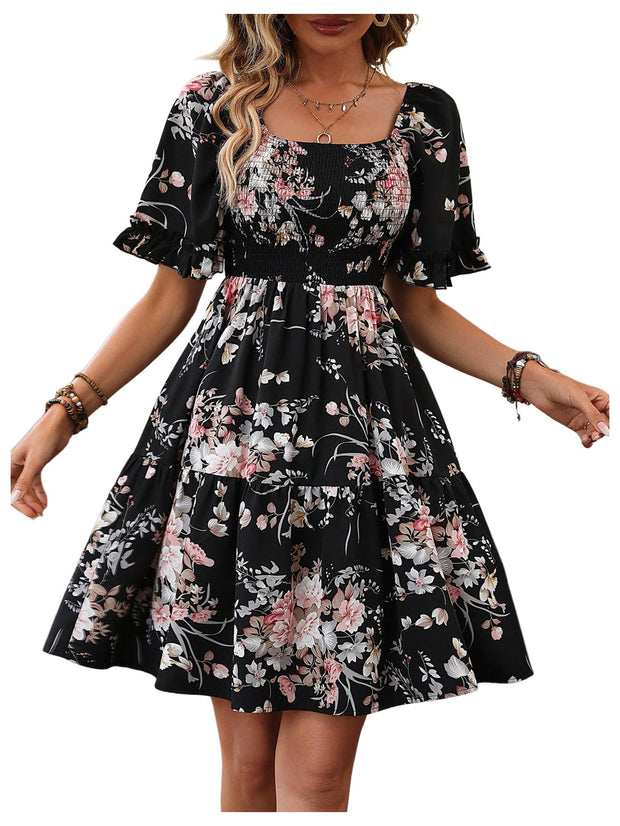 Verdusa Women's Floral Ruffle Hem Summer Dresses Flowy Short Sleeve High Waist Midi Dress Multicolor Medium
