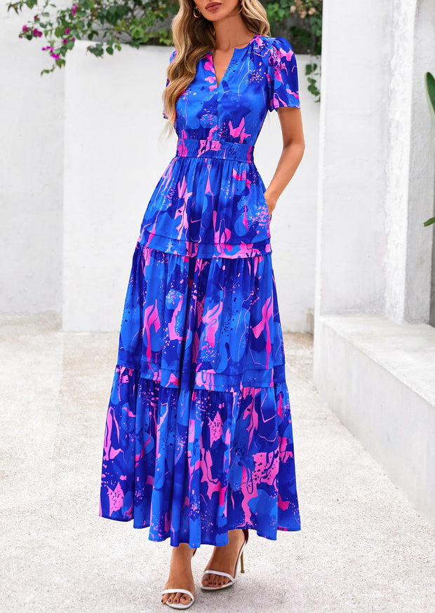 PRETTYGARDEN Women's 2025 Summer Boho Maxi Dresses Floral Short Sleeve V Neck A Line Tiered Flowy Long Beach Vacation Dress (White Pink Floral,Large)