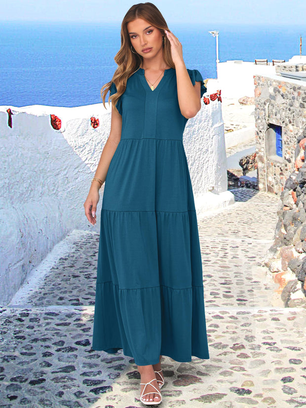 ANRABESS Womens Summer Casual Maxi Dress V Neck Ruffle Sleeve Long Dresses Fashion Flowy Tiered Boho Beach Vacation Sundress Black Large