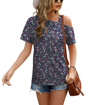 JINKESI Women's Short Sleeve Tunic Tops Casual Summer Cold Shoulder Blouse Shirts