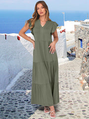 ANRABESS Womens Summer Casual Maxi Dress V Neck Ruffle Sleeve Long Dresses Fashion Flowy Tiered Boho Beach Vacation Sundress Black Large