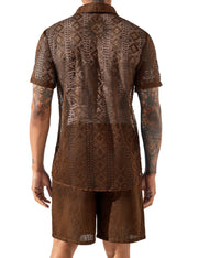 LecGee Men Summer Casual Short Sets Lace Short Sleeve Button Down Shirt Elastic Waist Shorts 2 Piece Outfits Tracksuit