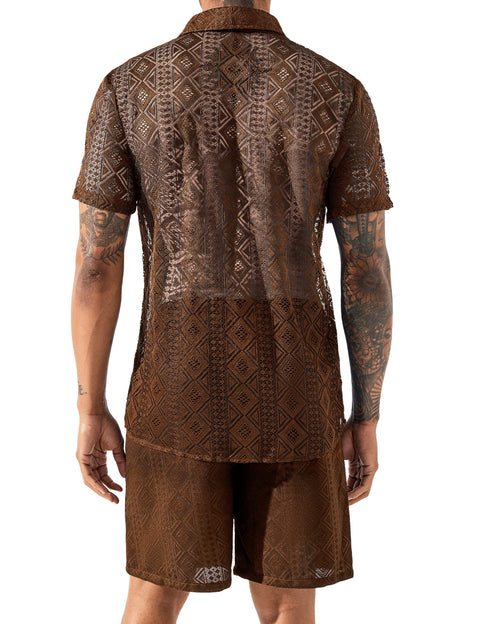 LecGee Men Summer Casual Short Sets Lace Short Sleeve Button Down Shirt Elastic Waist Shorts 2 Piece Outfits Tracksuit