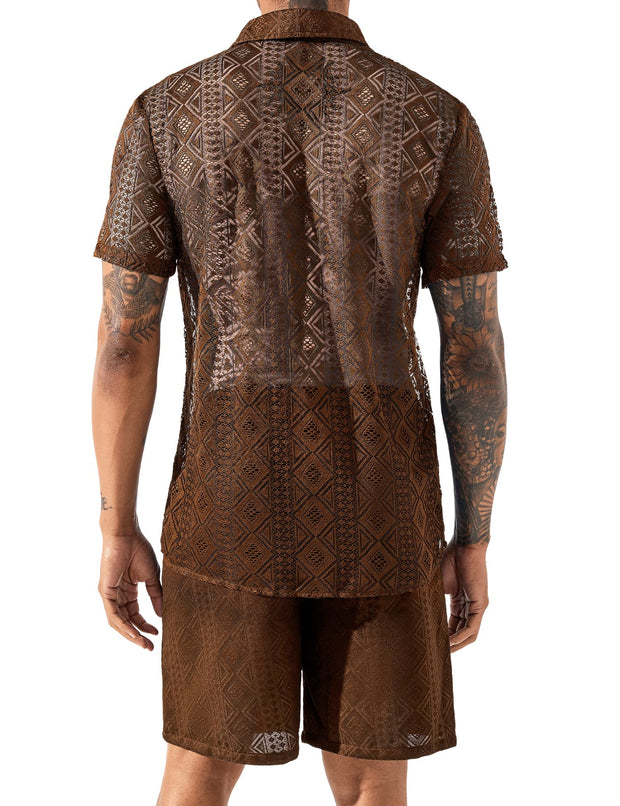 LecGee Men Summer Casual Short Sets Lace Short Sleeve Button Down Shirt Elastic Waist Shorts 2 Piece Outfits Tracksuit