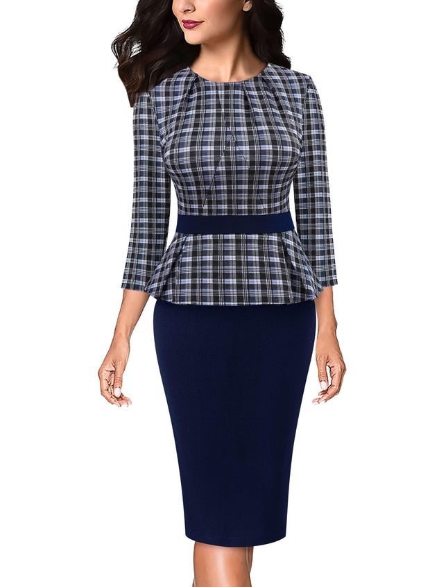 VFSHOW Womens Pleated Crew Neck Peplum Work Business Office Bodycon Pencil Sheath Dress