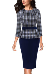 VFSHOW Womens Pleated Crew Neck Peplum Work Business Office Bodycon Pencil Sheath Dress