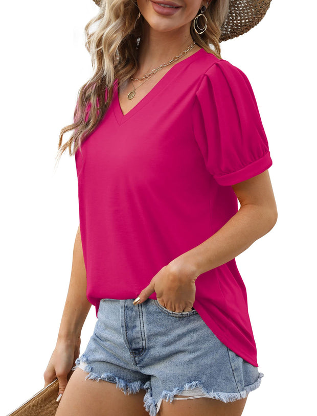 Geifa Womens Summer Tops Puff Short Sleeve V Neck T Shirts Loose Casual Tshirts