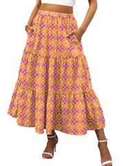 ANRABESS Women’s Summer Boho Flowy Swing Tiered A-Line Maxi Skirt 2025 Fashion Trendy Elastic Waist Pleated Long Beach Dress