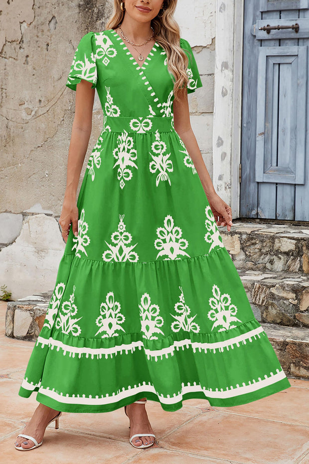 PRETTYGARDEN Womens 2025 Summer Casual V Neck Boho Maxi Dress Flowy Aline Bell Sleeve Tiered Floral Dresses with Pocket (Floral Apricot Black,X-Large)