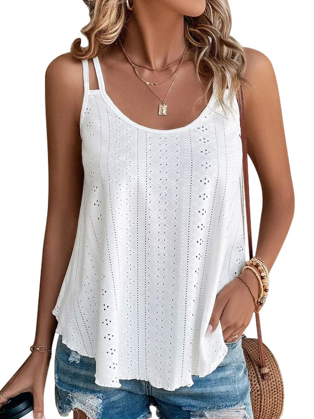 KKJ Womens Cute Tank Tops Eyelet Sleeveless Spaghetti Strap Scoop Neck Loose Casual 2025 Summer Beach Vacation Flowy Shirts