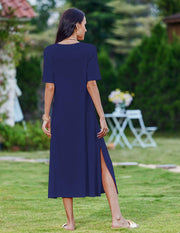 Zeagoo Women Long Sun Dress Summer T Shirt Dresses Beach Dress Casual Short Sleeve Tropical O Neck A Line Maxi Dresses Loose Side Slit Cover Up with Pockets 2025 Black XXL