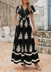 PRETTYGARDEN Womens 2025 Summer Casual V Neck Boho Maxi Dress Flowy Aline Bell Sleeve Tiered Floral Dresses with Pocket (Floral Apricot Black,X-Large)