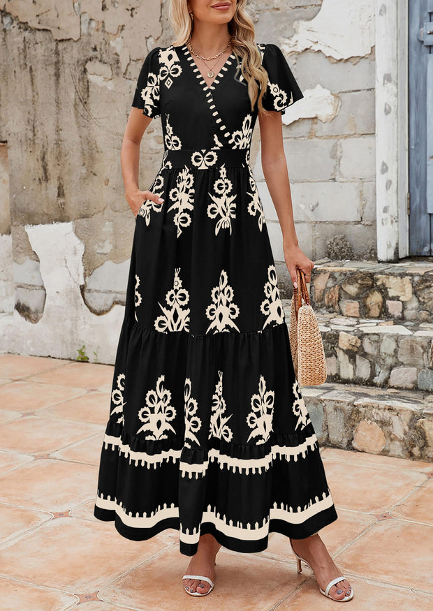 PRETTYGARDEN Womens 2025 Summer Casual V Neck Boho Maxi Dress Flowy Aline Bell Sleeve Tiered Floral Dresses with Pocket (Floral Apricot Black,X-Large)