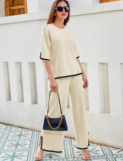 Tanming Sweater Sets Women 2 Piece Lounge Sets Short Sleeve Knit Pullover Tops Wide Leg Pants