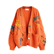 Women's Cable Knit Long Sleeve Open Front Cardigan Sheep V-Neck Button Down Embroidery Wool Blend Sweater Coat Outwear