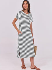 ANRABESS Womens Summer Casual Midi Dress Short Sleeve Crewneck T Shirt Long Dresses Split Stripe Beach Vacation Travel Outfit Small