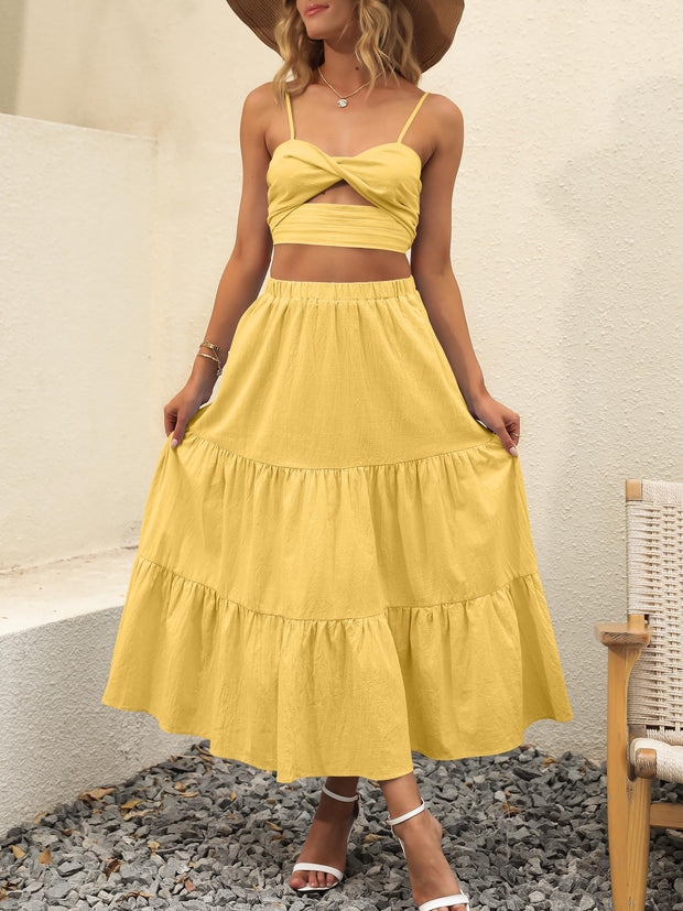 ANRABESS Women’s Summer Boho Flowy Swing Tiered A-Line Maxi Skirt 2025 Fashion Trendy Elastic Waist Pleated Long Beach Dress