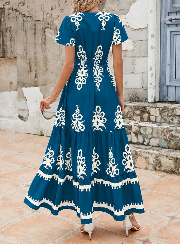 PRETTYGARDEN Womens 2025 Summer Casual V Neck Boho Maxi Dress Flowy Aline Bell Sleeve Tiered Floral Dresses with Pocket (Floral Apricot Black,X-Large)